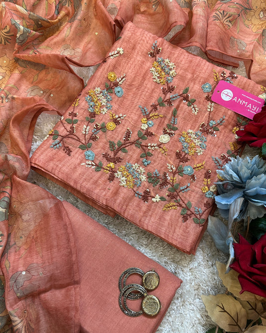 Soft chanderi French knot work suit sets with digital highlights dupatta