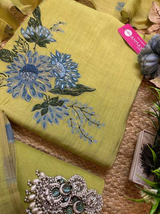 Pure Maheshwari lime French knot work suit set