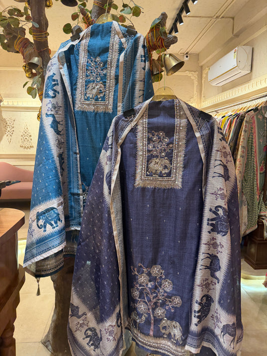 Highlighted Khadi Chanderi figure print suit set