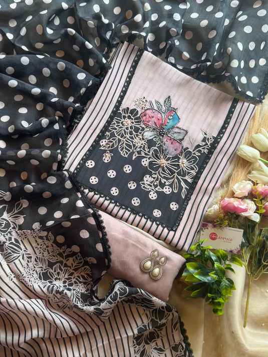 Striped floral patterned neck polka dots suit set