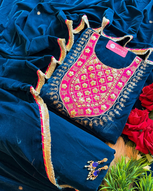 Patched gotta dori work velvet suit set