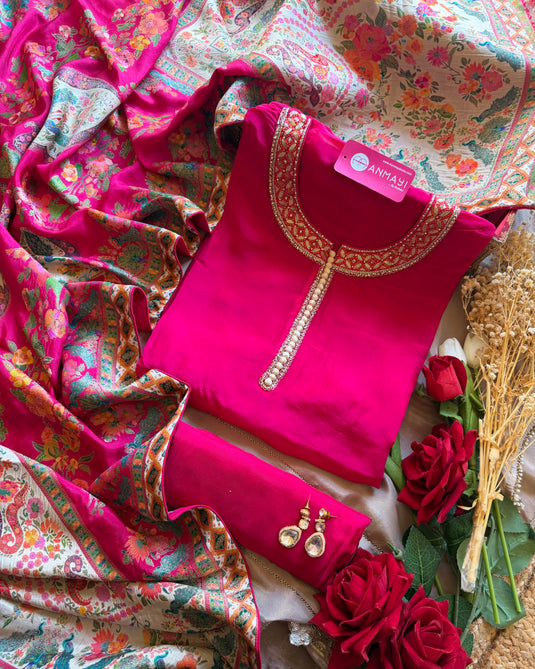 Satin silk potli button suit set with Jamawar stole