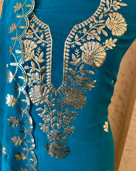 Silver pita work crushed artificial silk suit set