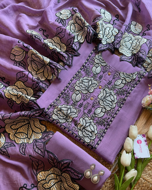 Patched gold rose Mul Chanderi suit set