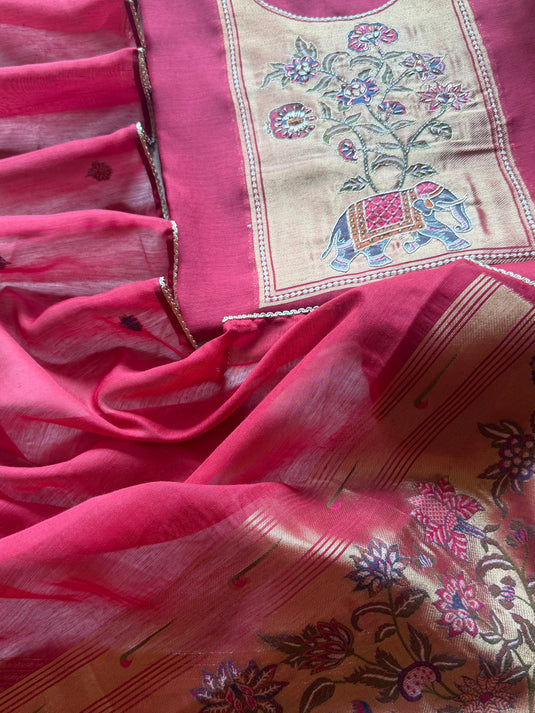 Golden elephant motif burnt red Jamdani silk suit set