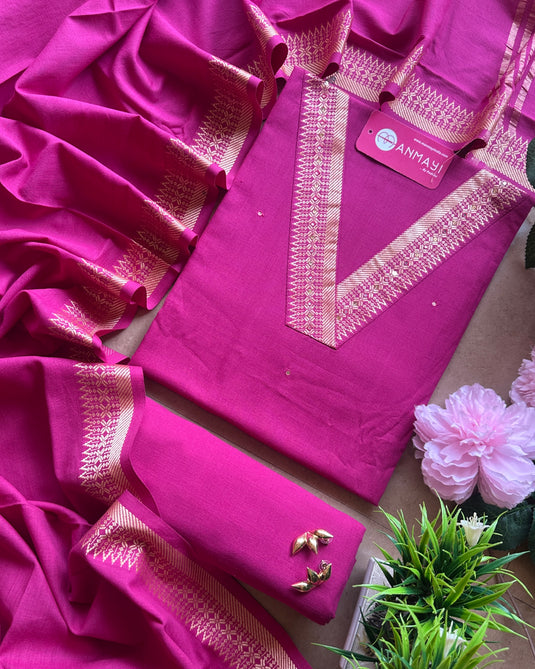 Soft Handloom Cotton v neck border suit set