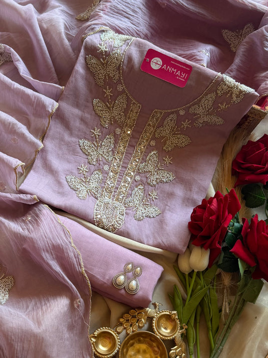 Hand Embroidered butterfly Mul Chanderi suit set