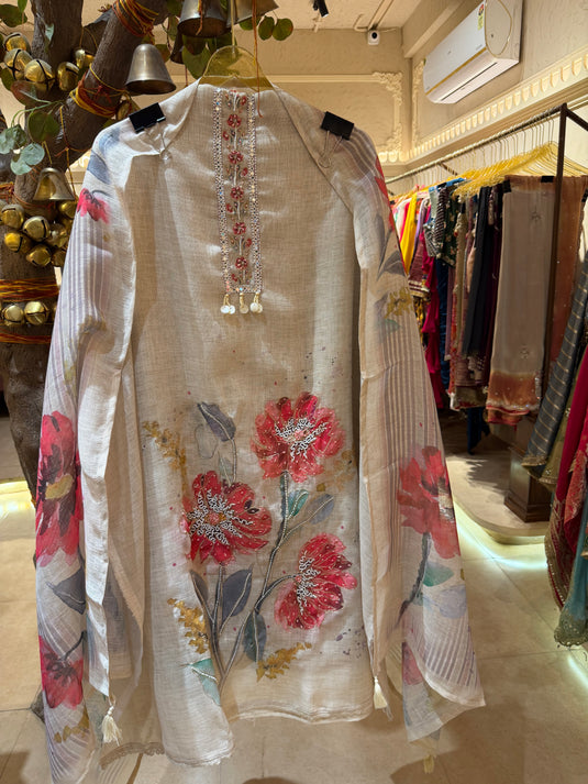 Linen Ivory hibiscus highlight suit suit set