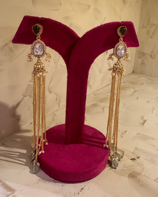 Strings Kundan work Kashmiri earrings with coloured droplets