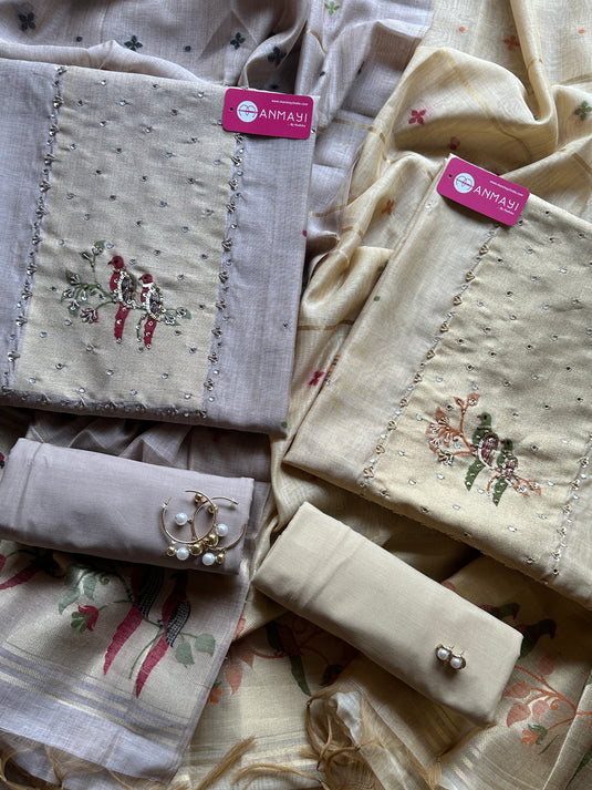 Parrot motif pastel jamdani suit set with cotton bottoms