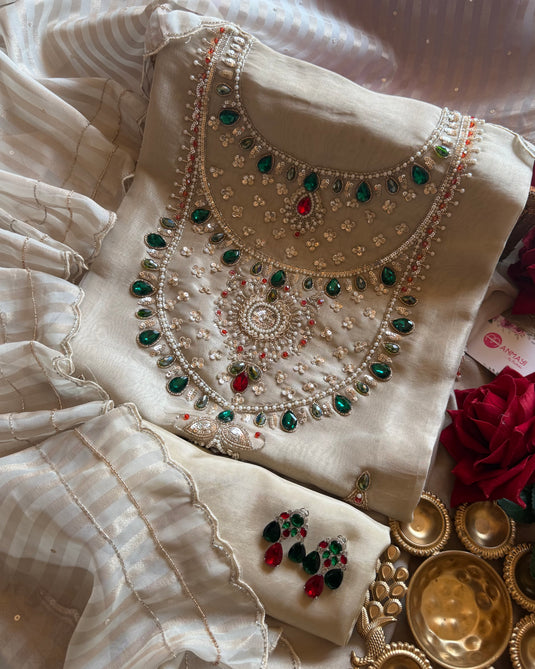 Jewelled neck kanjivaram suit set