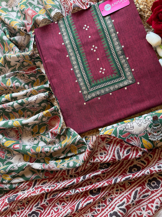 Handloom South cotton shirt with Kalamkari cotton bottom dupatta