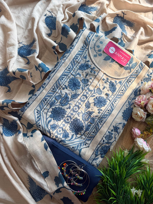 Shimmer linen flamingo indigo cream suit set with shantoon bottom