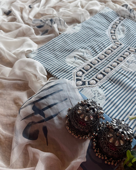 Flower frame pure cotton striped suit set with chiffon dupatta dress