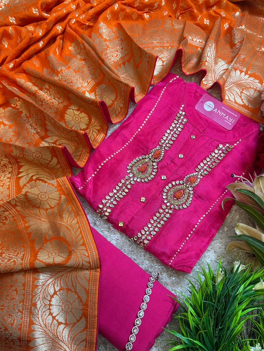 Pure Upada Silk Mukaish kamdani shirt with Kundan work and Banarasi dupatta