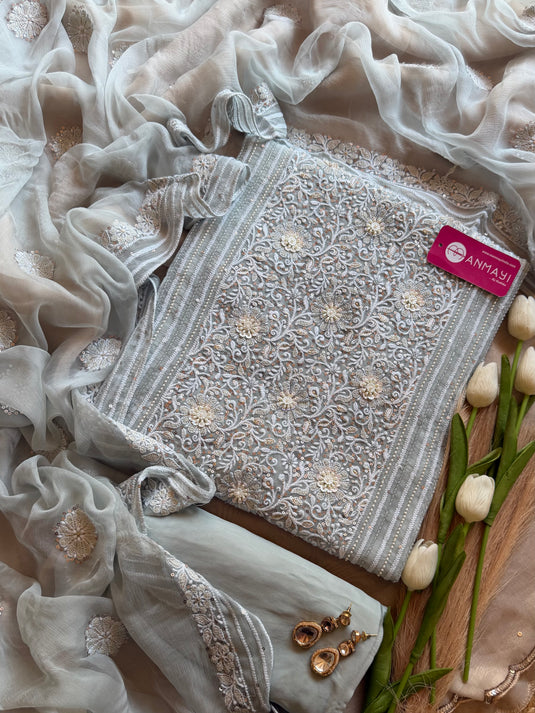 Pure Georgette Chikankari panel Suit Set with chiffon patched dupatta