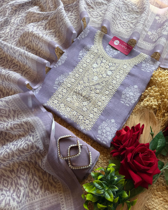 Linen block print square dori neck suit set