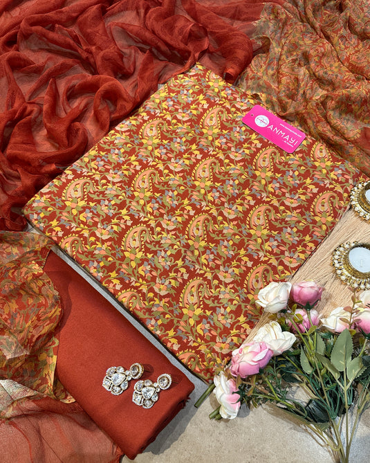 Printed Ambi pure spun suit set with pure chiffon print dupatta