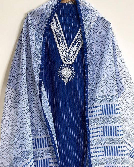 Royal blue pearl neck work pure cotton suit with Kota dupatta