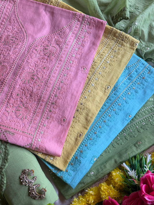 Panel pita work embroidered Mul Chanderi suit set