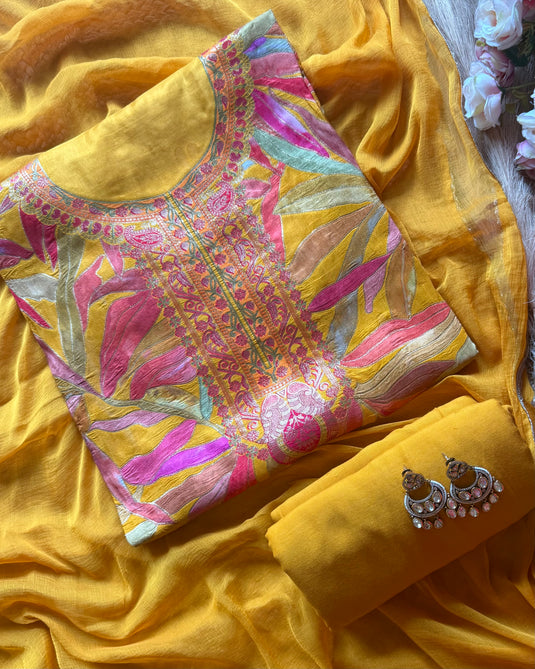 Dolla Silk coloured leaf suit set with chiffon dupatta