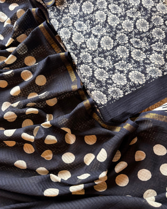 Printed Maheshwari cotton black beige suit set