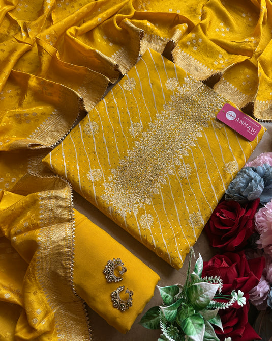 Dolla silk lehria banarasi suit set with Mukaish work highlights