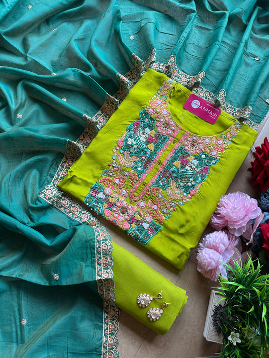 Green teal combination hand embroidered neck line Upada silk sets