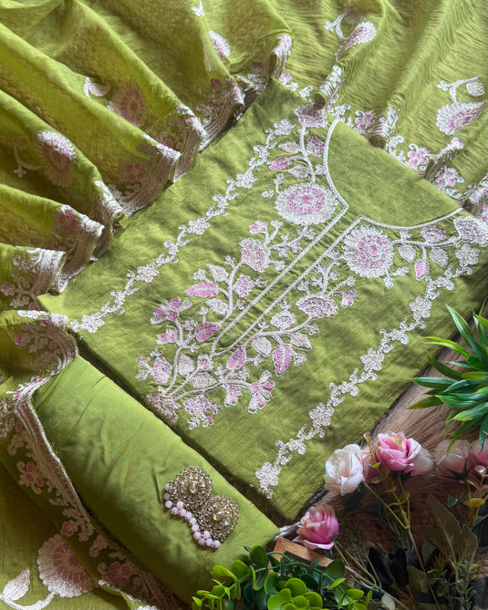 Festive coloured Dori work Mul Chanderi suit set