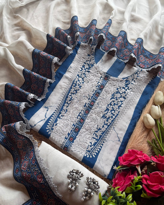 Stripes Parsi neck pure muslin suit set