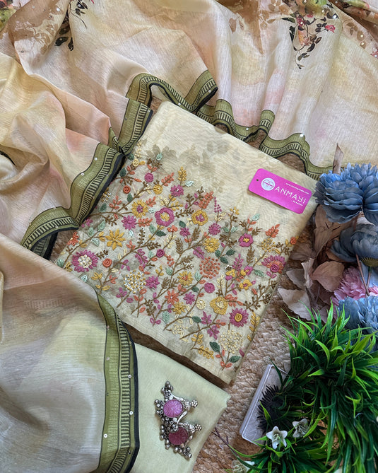 Soft Chanderi French knot work suit sets with highlights print dupatta