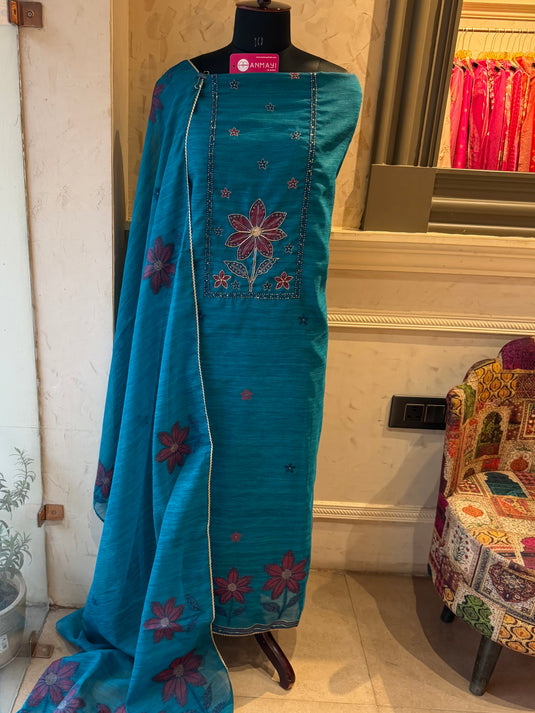 Turquoise blue red flower Jamdani suit set