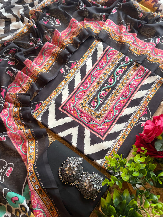 Arabic patterned black white cotton suit set