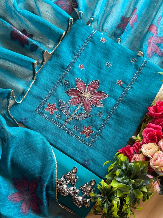 Turquoise blue red flower Jamdani suit set