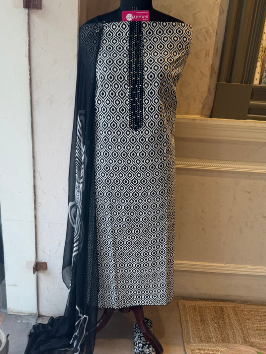 Patterned black and white cotton with chiffon dupatta