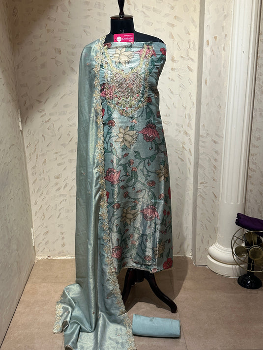Shimmer organza crushed kani print suit set with shimmer dupatta