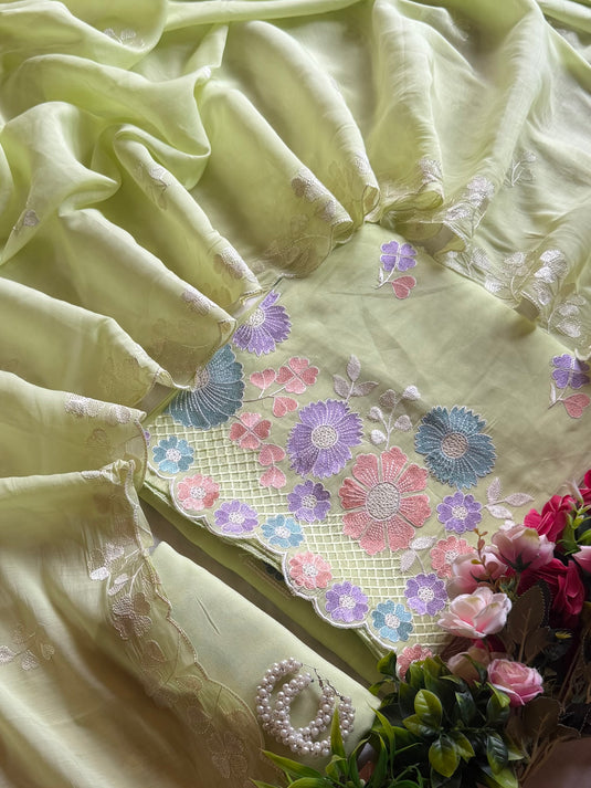 Monsoon pastel flower motifs soft mul chanderi suit set