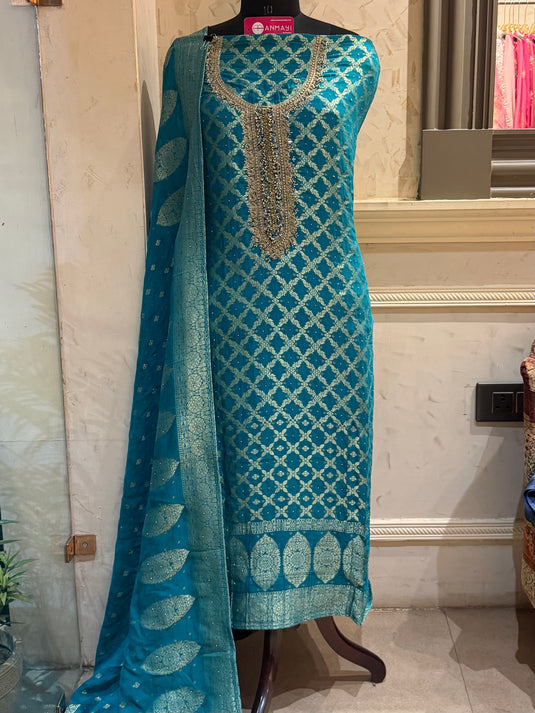 Khaddi Georgette Aqua embroidered neck suit set