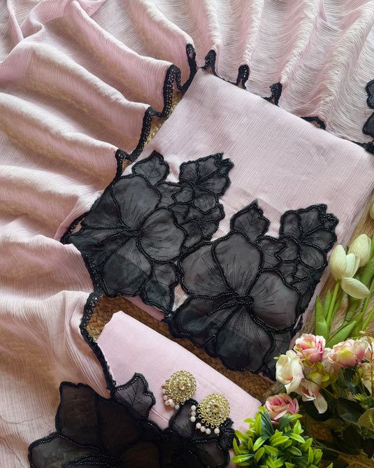 Black rose organza embroidered patch crushed Mul Chanderi suit set