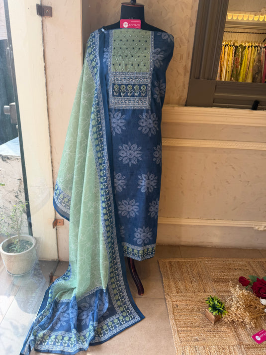 Indigo linen suit set with patterned neck and shaded dupatta