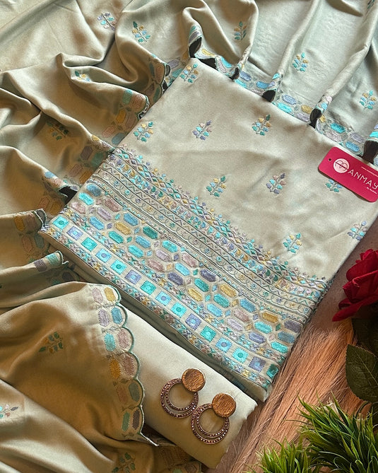 Phulkari work soft and pure pashmina suit set