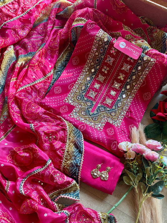Crepe silk Bandhani suit set with mirror work detailing