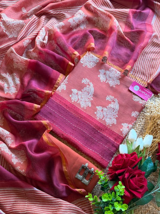 Persian print weave border pure Maheshwari suit set