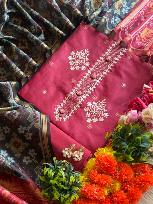 Tussar silk buttoned pita work suit set