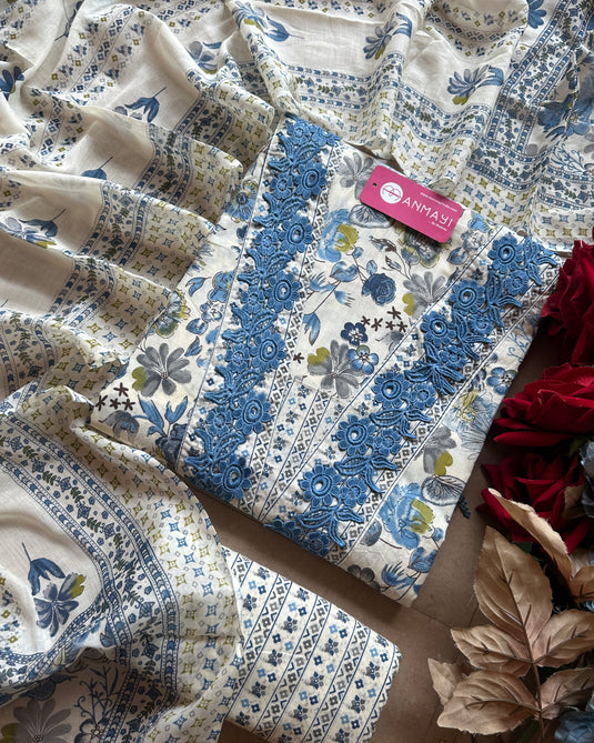 Floral white base cambric cotton Pakistani suit set