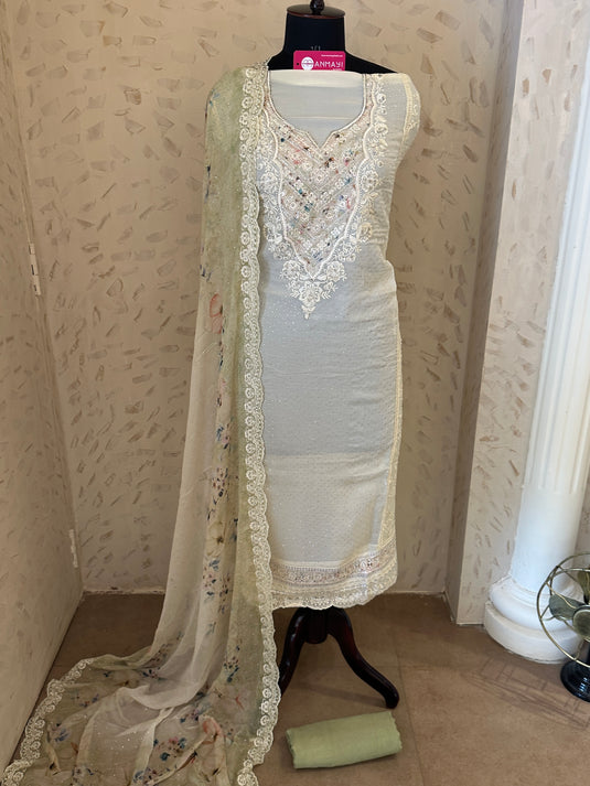 Organza Swarovski work suits with Parsi work and ombré dupatta