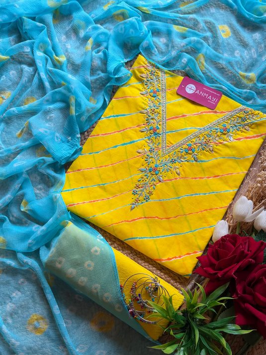Pure cotton lehria yellow ferozi combination suit set with chiffon bandhani dupatta