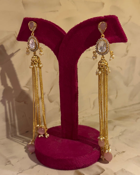 Strings Kundan work Kashmiri earrings with coloured droplets