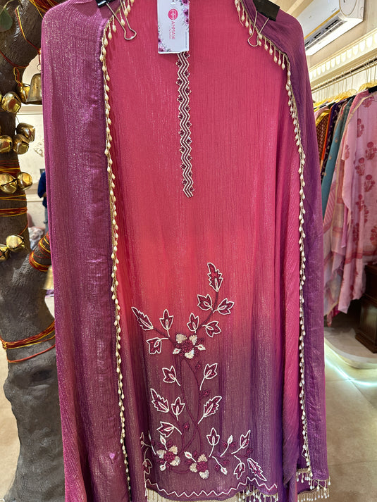 Crushed tissue ombré effect pearl embroidered suit set with tassel lace