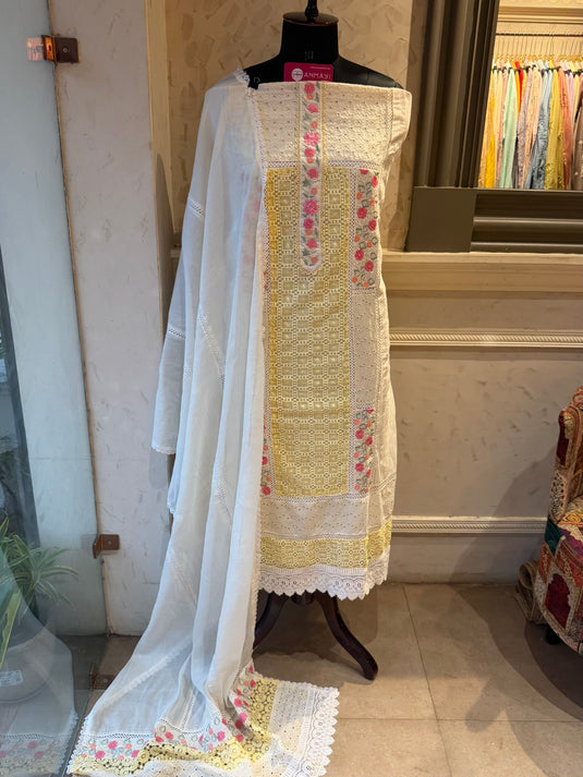 Crochet Hakooba Pintex panel cream cotton suit